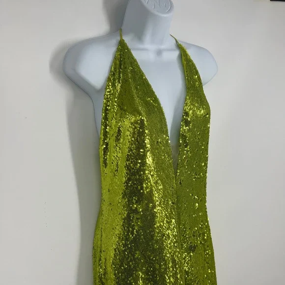 Halston Neon Kiara Green Sequin Deep V-Neck Slip Gown Floor Length Dress Size 10 - Picture 5 of 16
